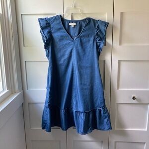 Frye and Co. Chambray Lightweight Ruffle Sleeve Casual Dress With Pockets